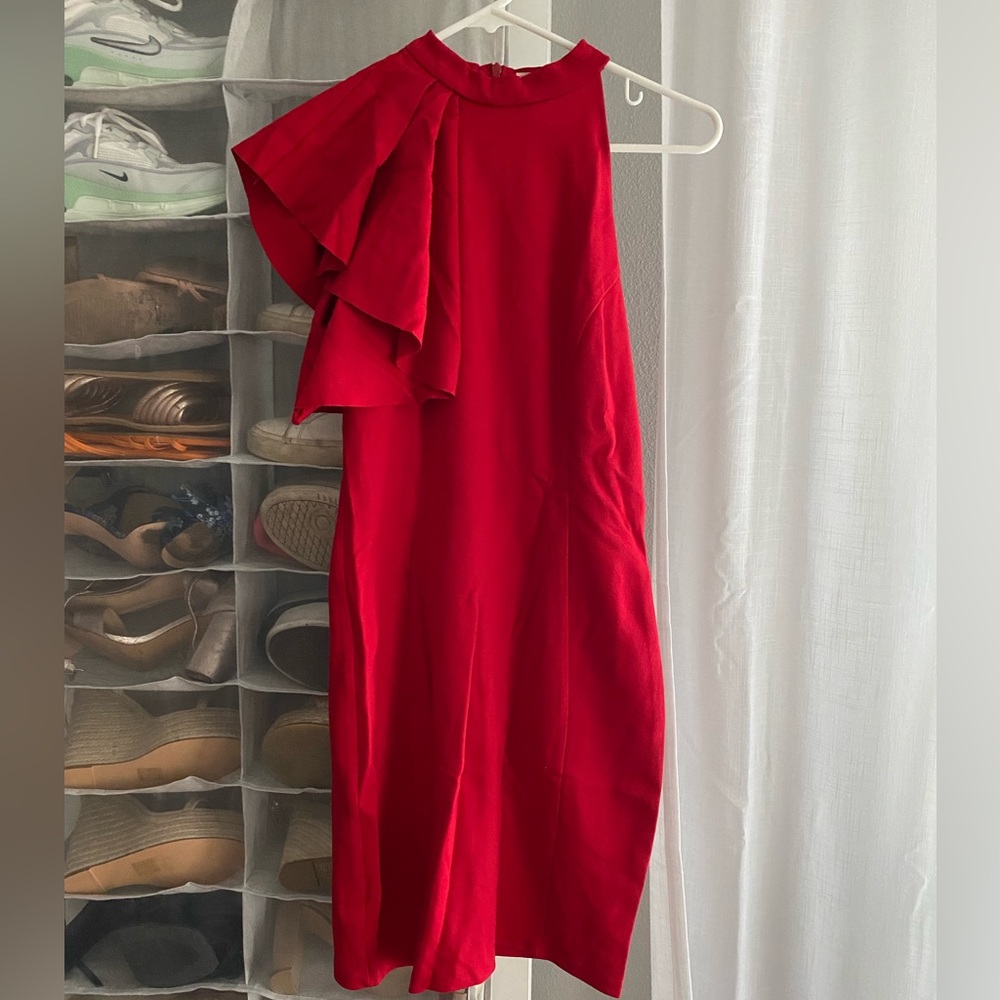 Red One Shoulder Mini Dress with Ruffle Detail